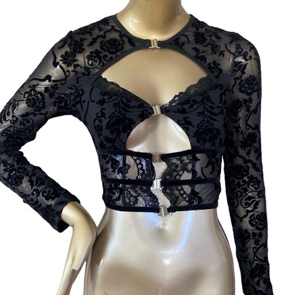Sheer cropped corseted top padded boobs size medium black on black. - Picture 1 of 10
